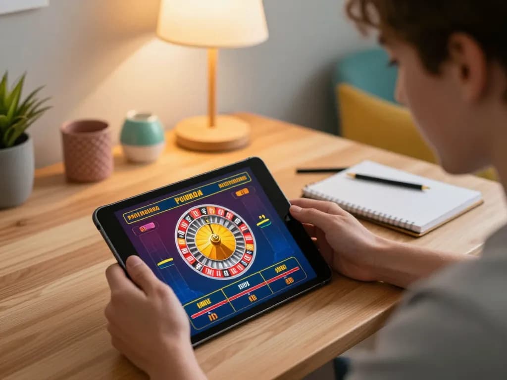 Player engaged in Q88 online casino game using tablet, showcasing live roulette excitement and strategy.