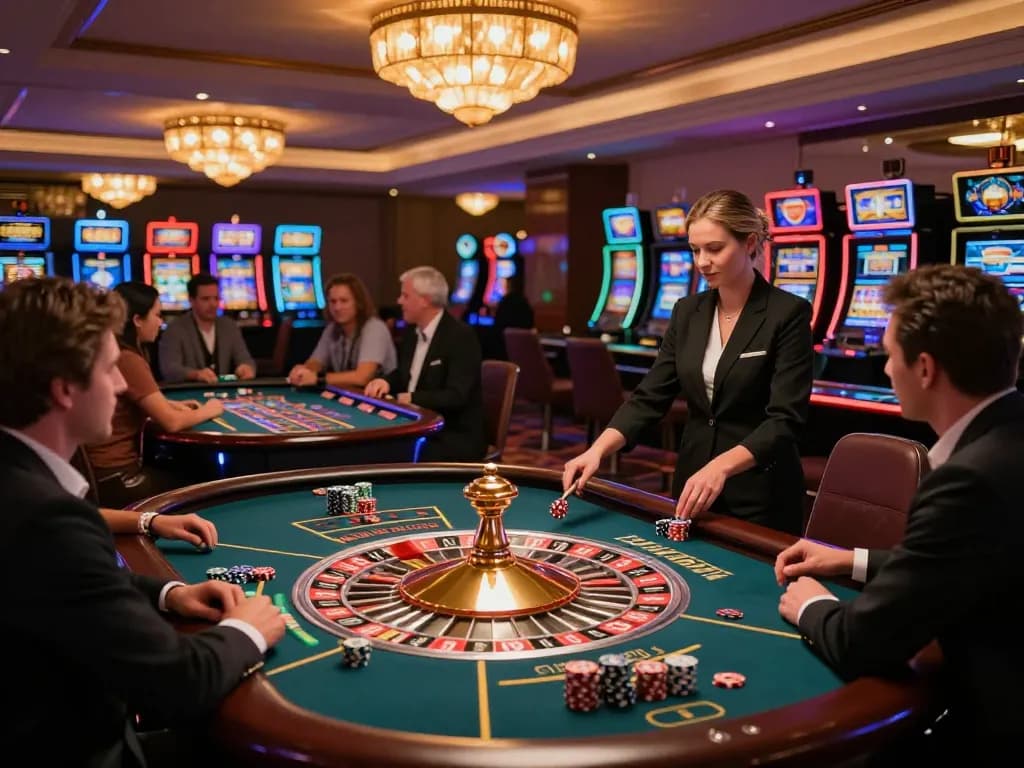 Tr88 chính thức roulette table with players engaging and croupier spinning wheel in upscale casino