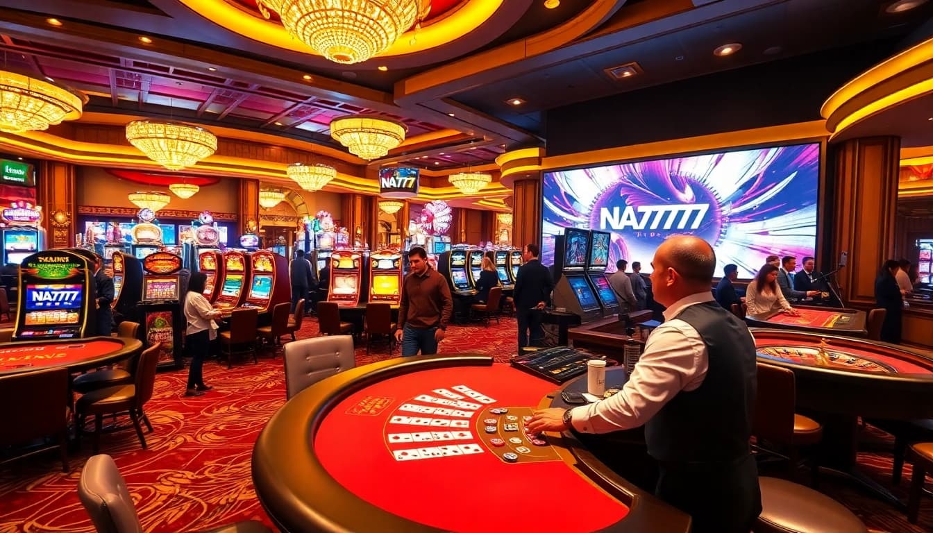 Players enjoying engaging casino games at NA777, featuring vibrant gaming tables and thrilling slot machines.