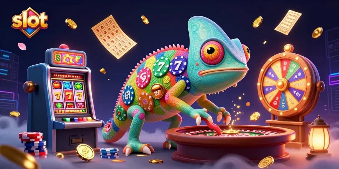 Experience thrilling slot action with a vibrant casino scene featuring colorful slot reels and a lively chameleon character.