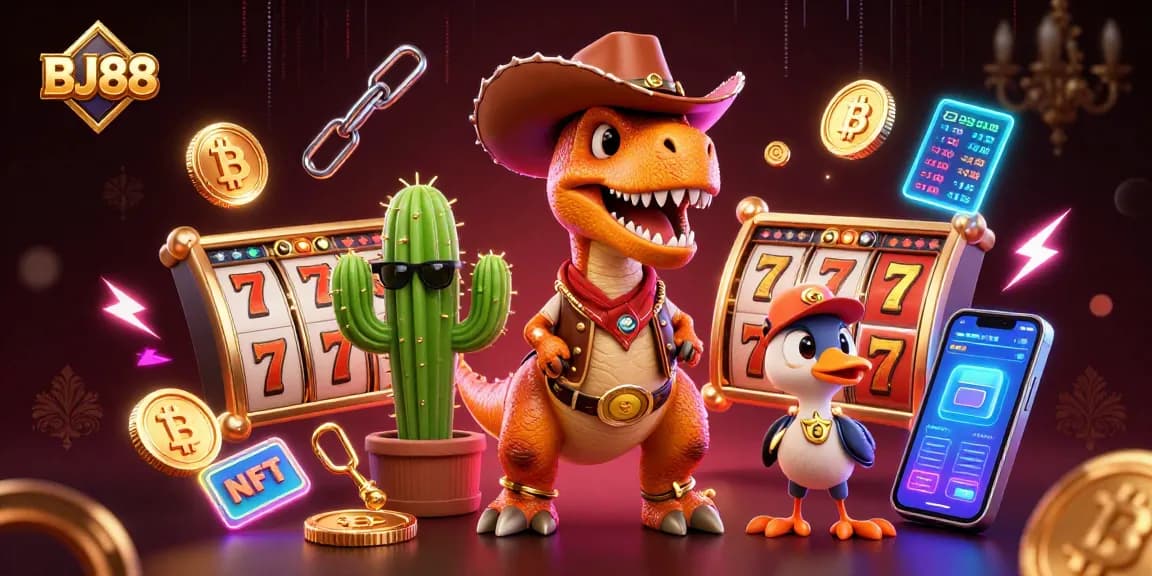 Engage with BJ88's vibrant casino scene featuring T-Rex and cactus, embodying gambling excitement.