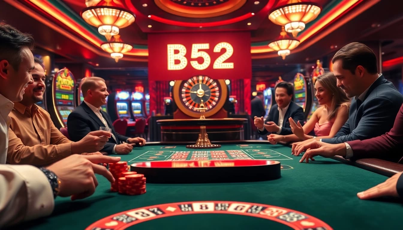 Players strategizing at a B52-themed poker table in a vibrant casino setting.