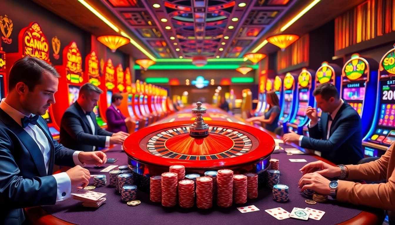 Exciting casino scene featuring idnslot games with players engaged in high-stakes bets.
