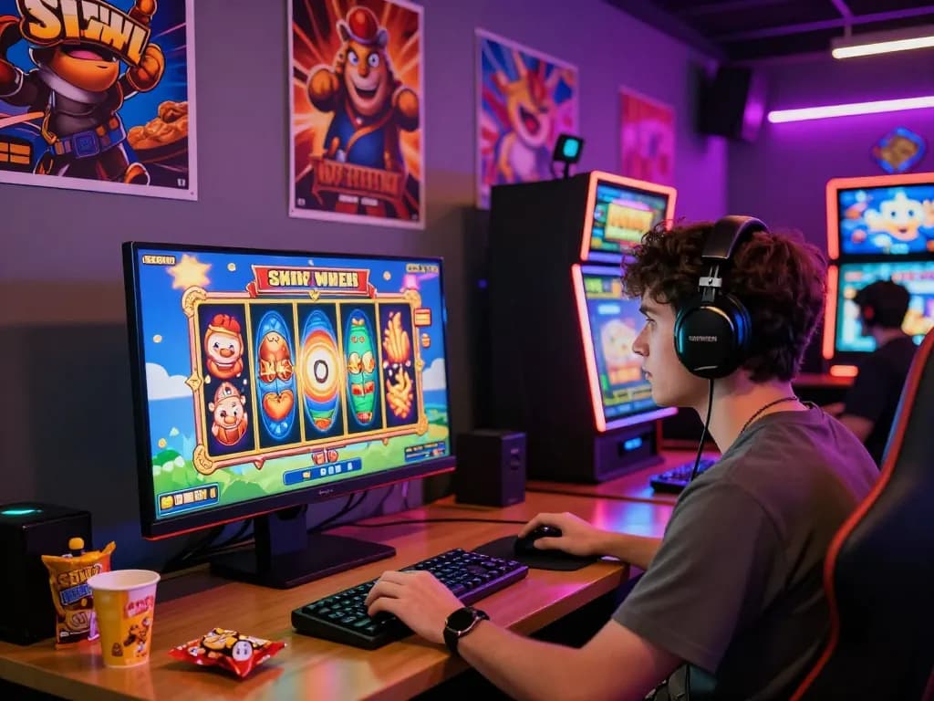 Lingkungan permainan yang menarik menampilkan seorang pemain yang terlibat dalam permainan situs slot online dengan grafik yang cerah dan pencahayaan neon.