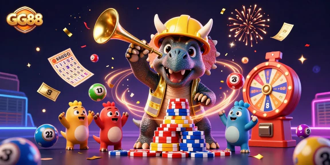 Celebrate GG88's thrilling gaming experience with colorful elements and an energetic casino scene.