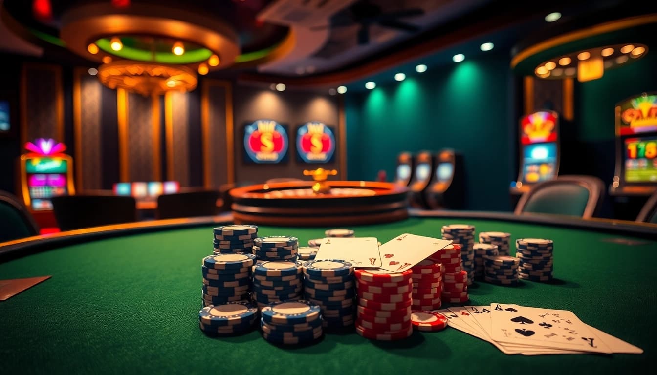 S8 casino atmosphere featuring a vibrant poker table, roulette wheel, and luxury decor for gamblers.