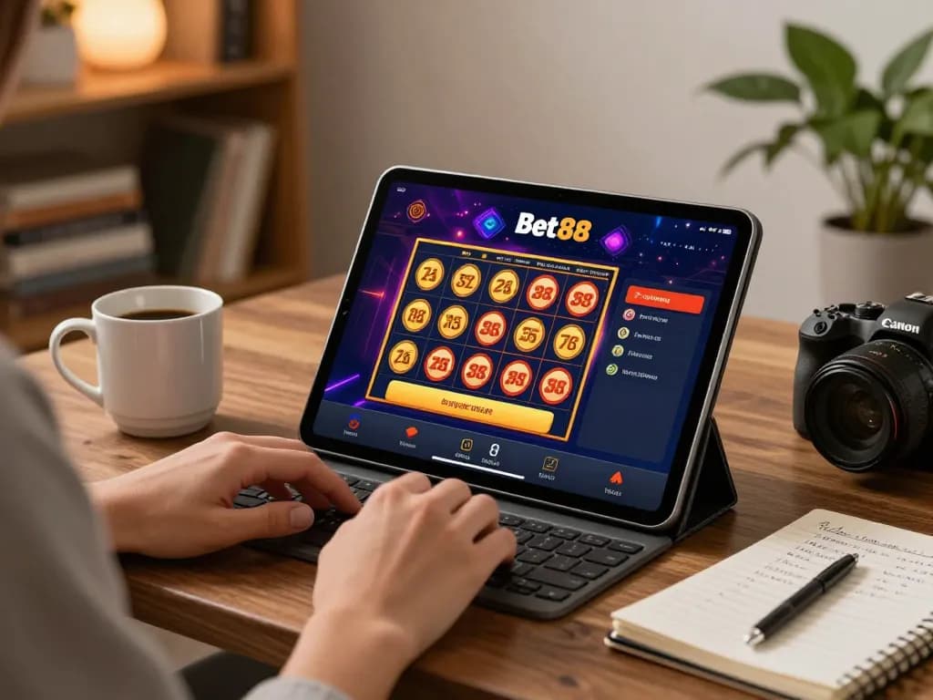Engaging with Bet88 on a tablet in a cozy living room, showcasing online gambling options.