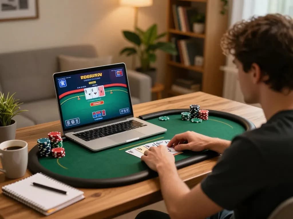 Engaging online poker game setup at home, showcasing gameplay on https://cstd88.com/ with cozy surroundings.