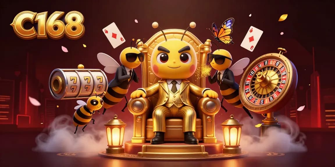 C168 showcases a vibrant casino atmosphere with a bumblebee mob boss and energetic game elements.