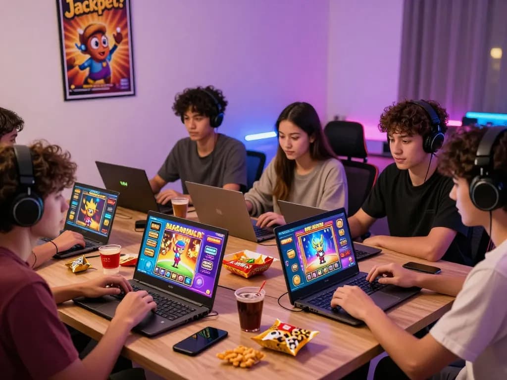 Friends enjoying exciting slot gacor games in a colorful online gaming atmosphere.
