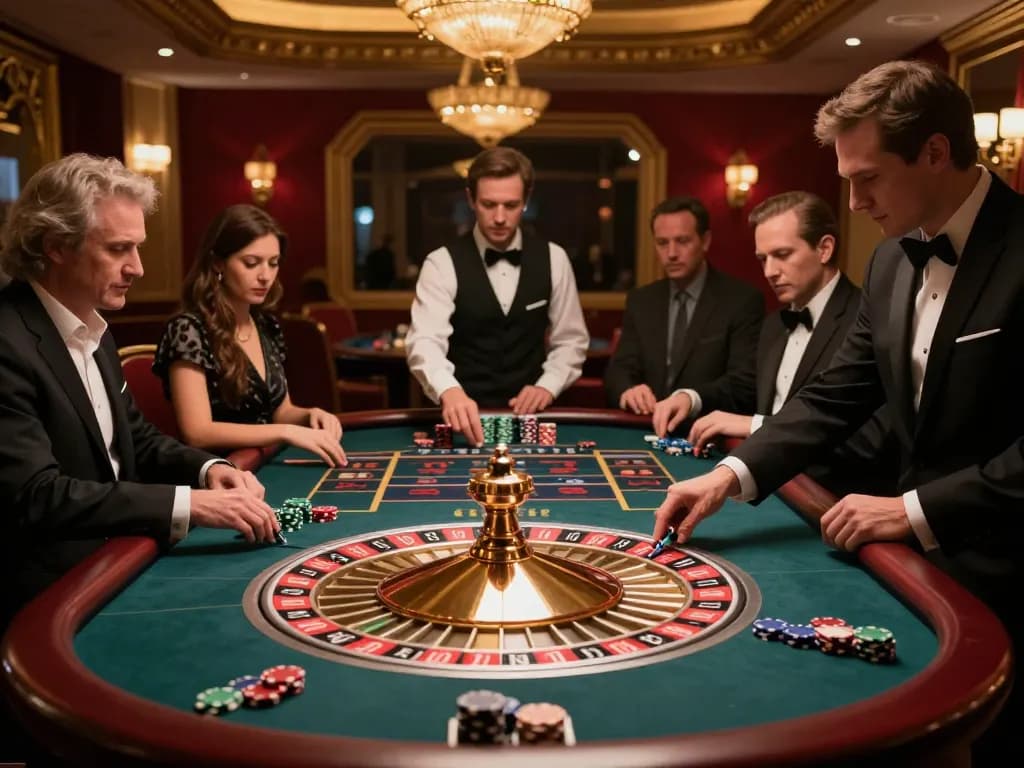 KJC players placing bets at a luxurious roulette table under warm casino lighting.