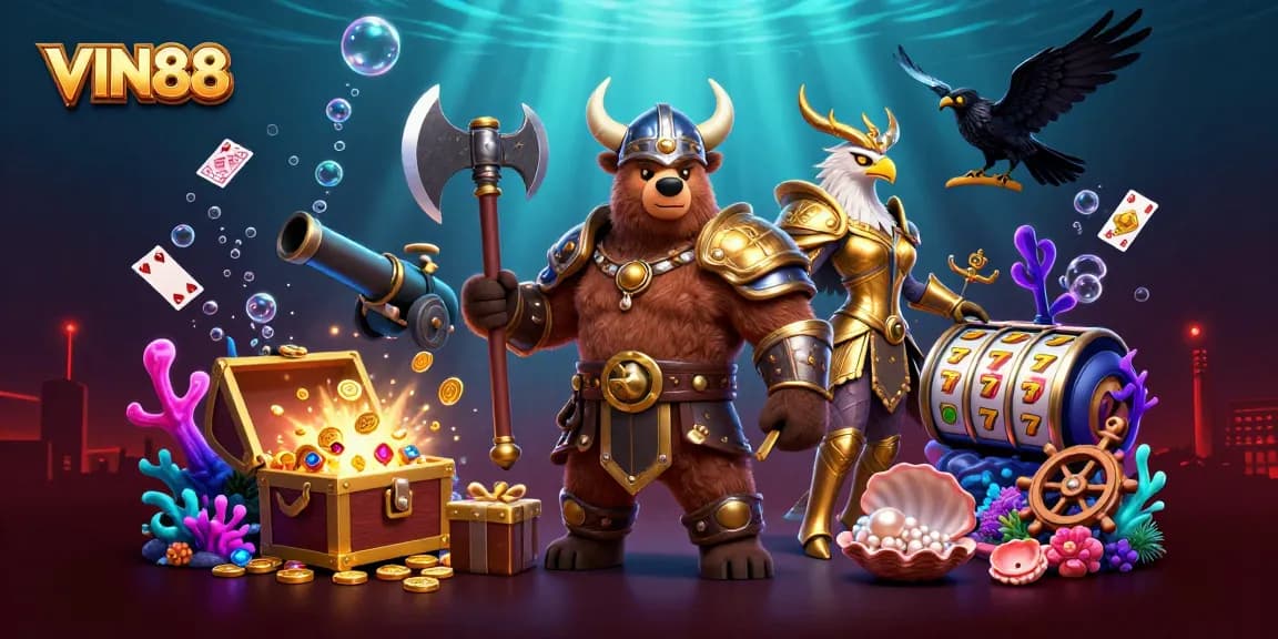 Experience thrilling gameplay at VIN88 with dynamic 3D casino elements, including Viking characters, treasures, and slots.