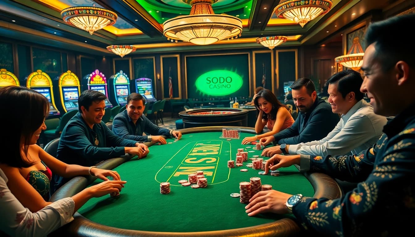 SODO CASINO players engaging in an exciting poker game, showcasing a luxurious casino atmosphere.