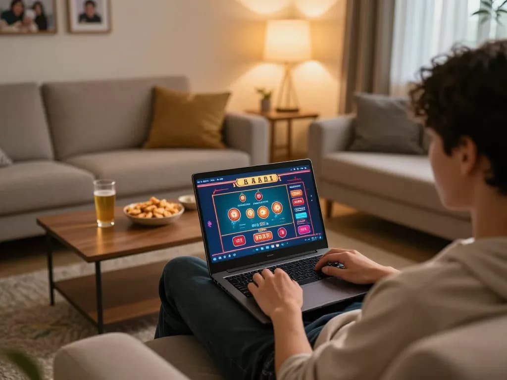 Player enjoying the nhà cái 388bet online casino experience on a laptop at home, showcasing a friendly atmosphere.