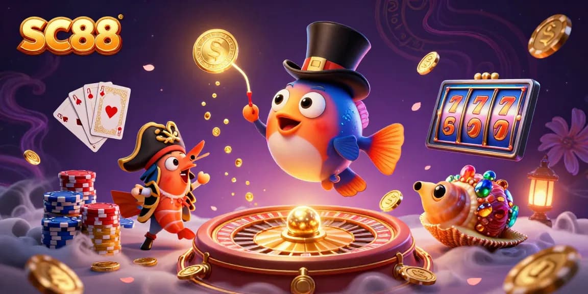 Catch big wins at SC88 with luminous anglerfish, treasure sea snail, and pirate shrimp in a lively casino scene.