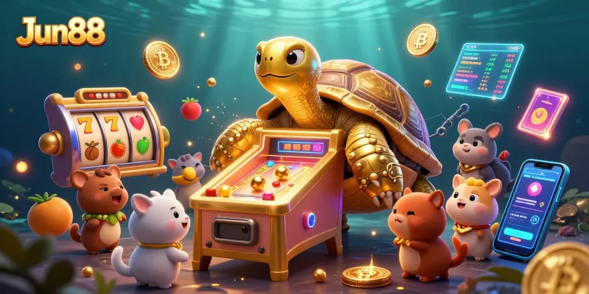 Experience thrilling wins at Jun88 with a 3D vibrant casino scene featuring animated games.