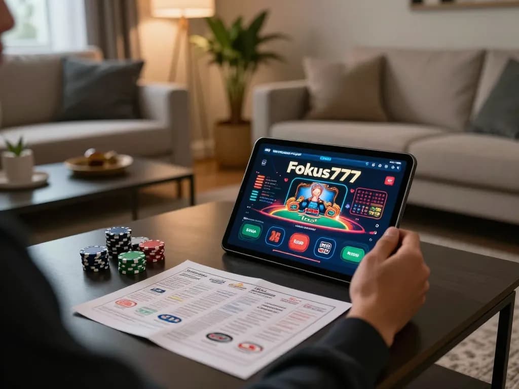 Participants gaming on Fokus777 online platform while tracking their bankroll in a cozy home environment