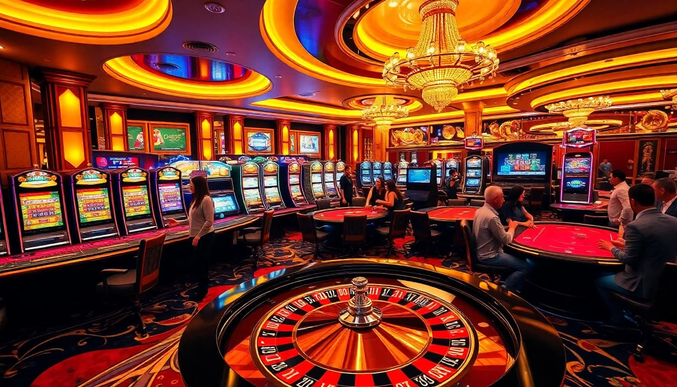 Exciting casino experience at j88 with vibrant slot machines and poker tables.