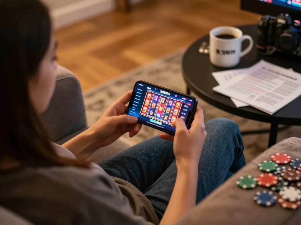 Playing 99Win casino games on smartphone while enjoying a cozy home atmosphere.