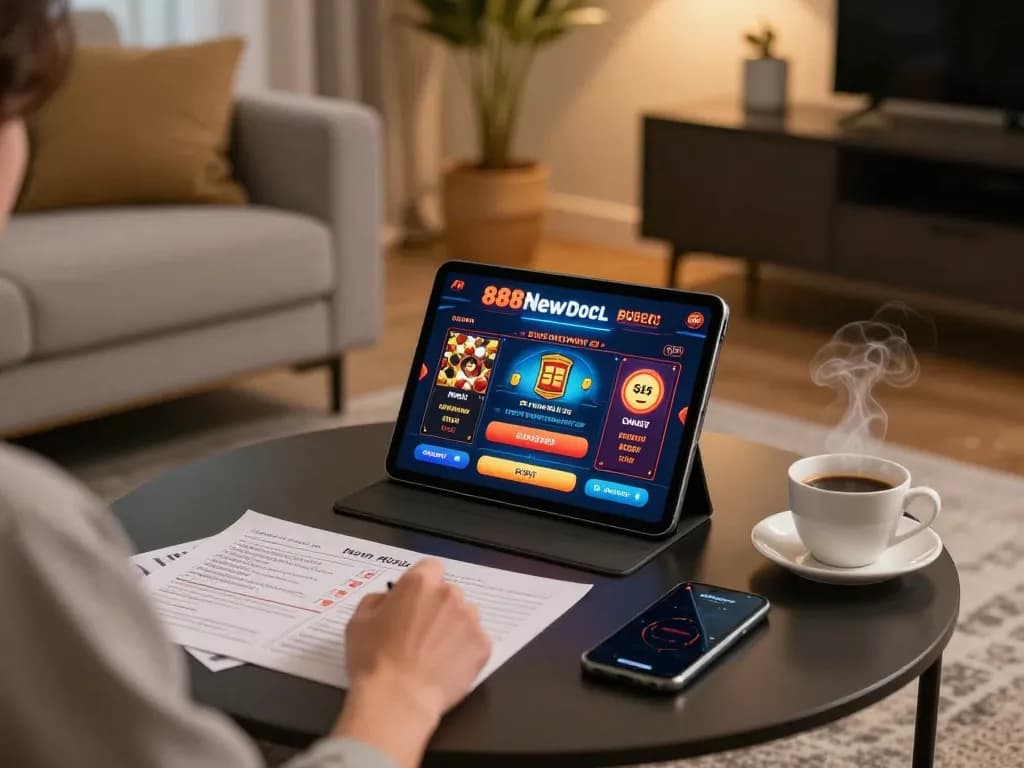 888New player engaged in online casino gaming on tablet in a chic home setting.