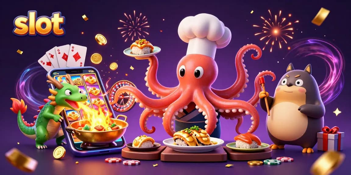 Spin and win with slot games featuring an octopus chef and dragon in a dynamic casino scene.