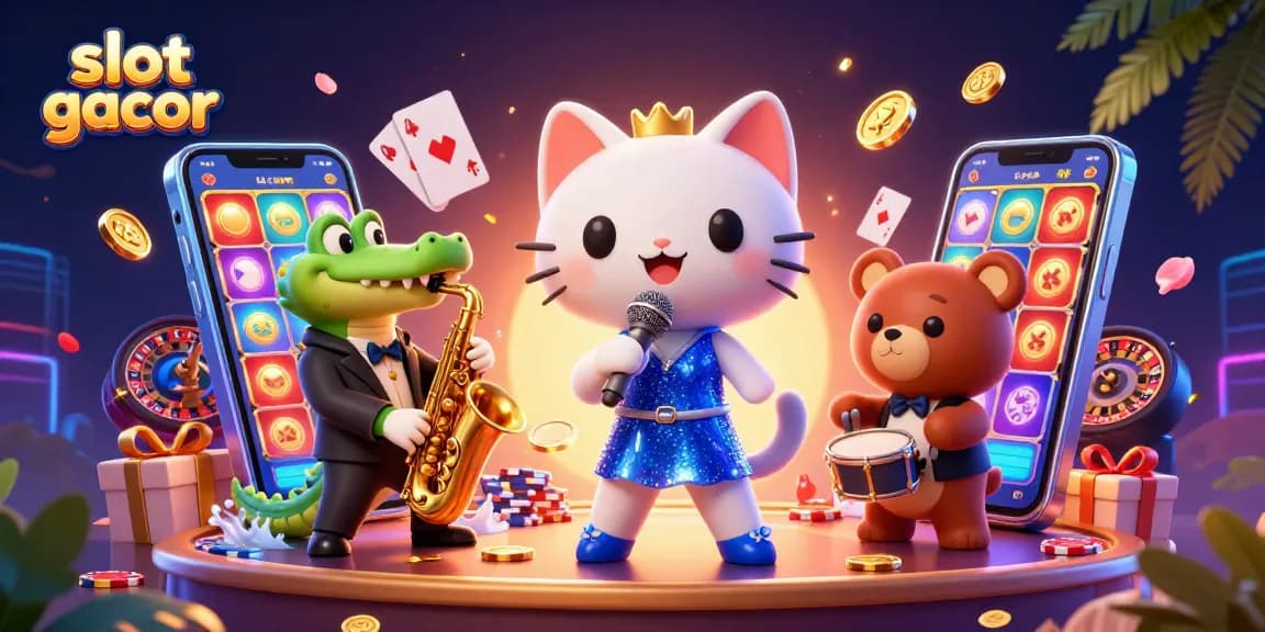 Menggenggam slot gacor, seekor kucing penyanyi jazz 3D tampil di kasino dengan simbol keberuntungan.