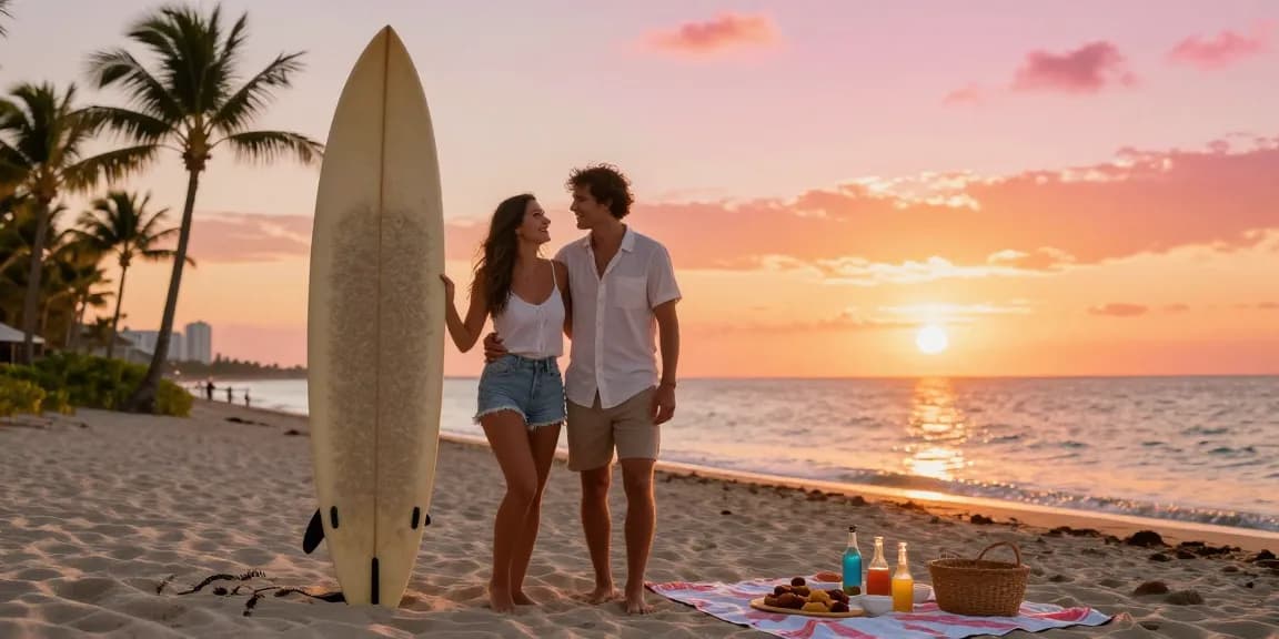 Pasangan di https://miami4d.com/ menikmati matahari terbenam di pantai Miami dengan suasana romantis.