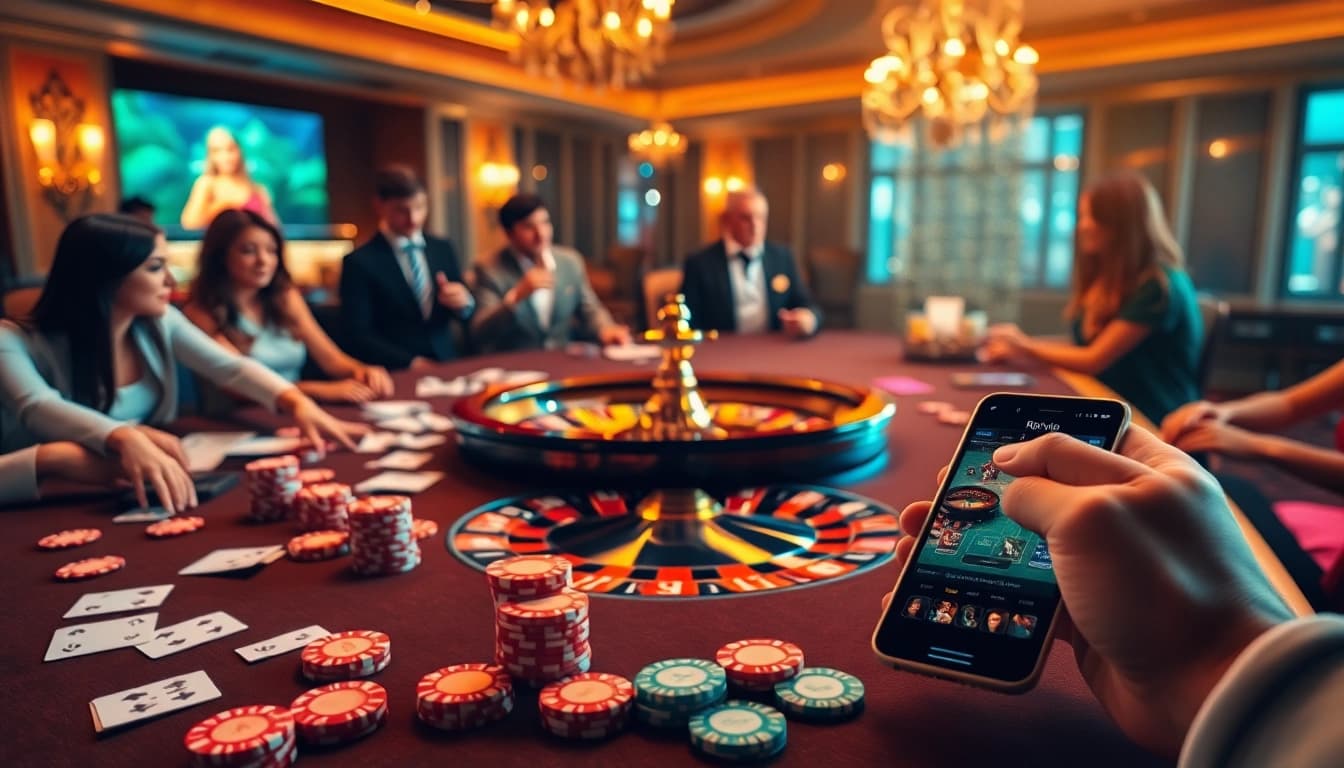 Rikvip players enjoying an exciting casino atmosphere with poker chips and vibrant gameplay.