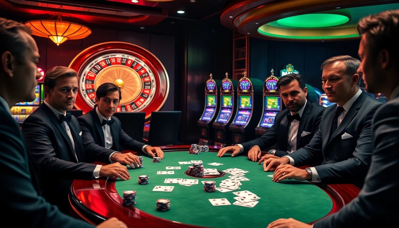 Players engaged in a high-stakes poker game surrounded by chips and cards in a vibrant casino setting.