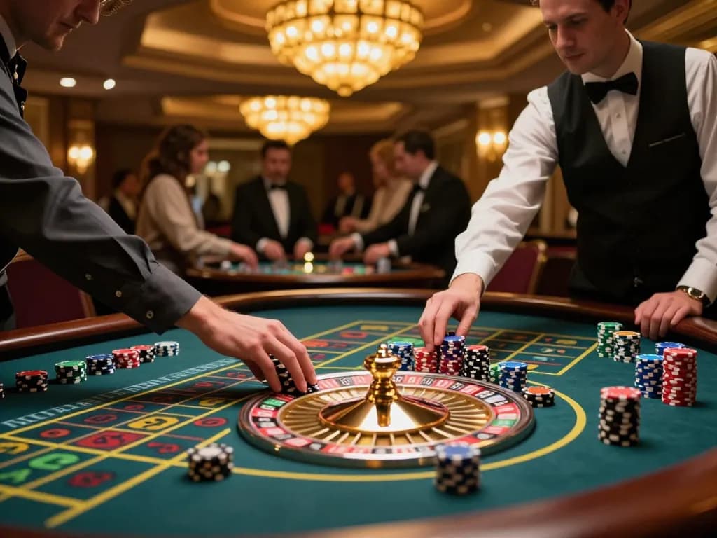 Player betting on roulette at an upscale casino, excitement radiating from the vibrant chips stacked for XX88.