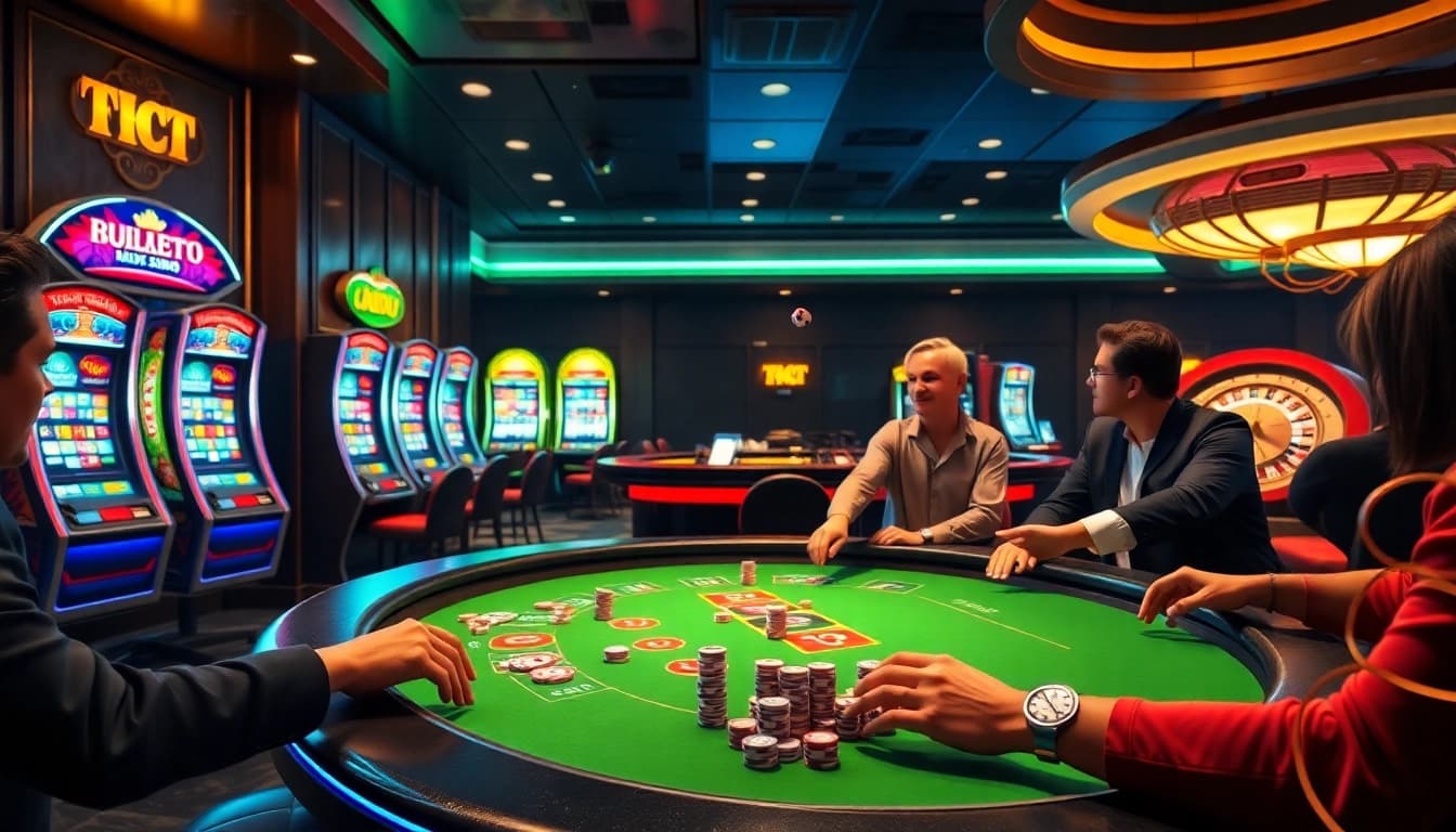 Trải nghiệm trò chơi hấp dẫn tại casino cg79 với các máy slot đầy màu sắc và một ván poker đầy sống động.