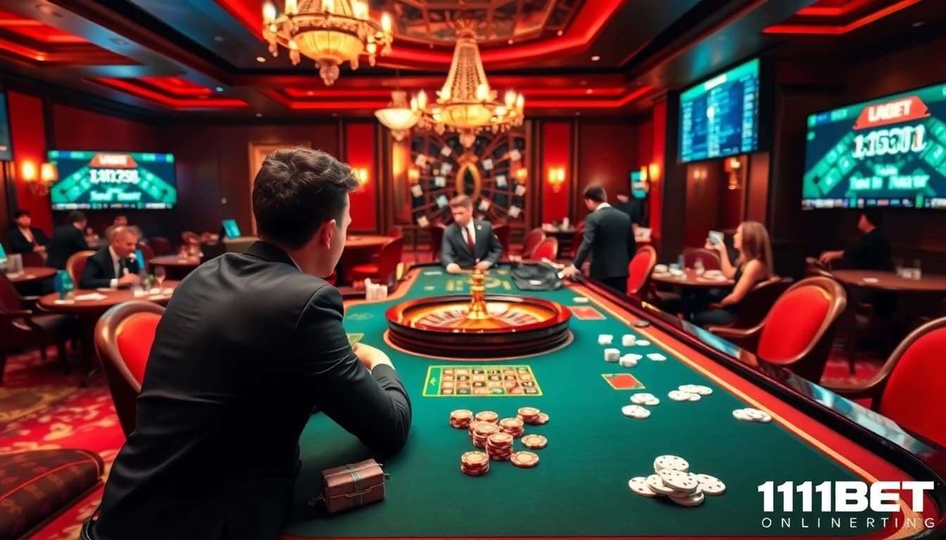 Excitement at 11betn.com with vibrant casino tables, poker chips, and luxurious live dealer experience.