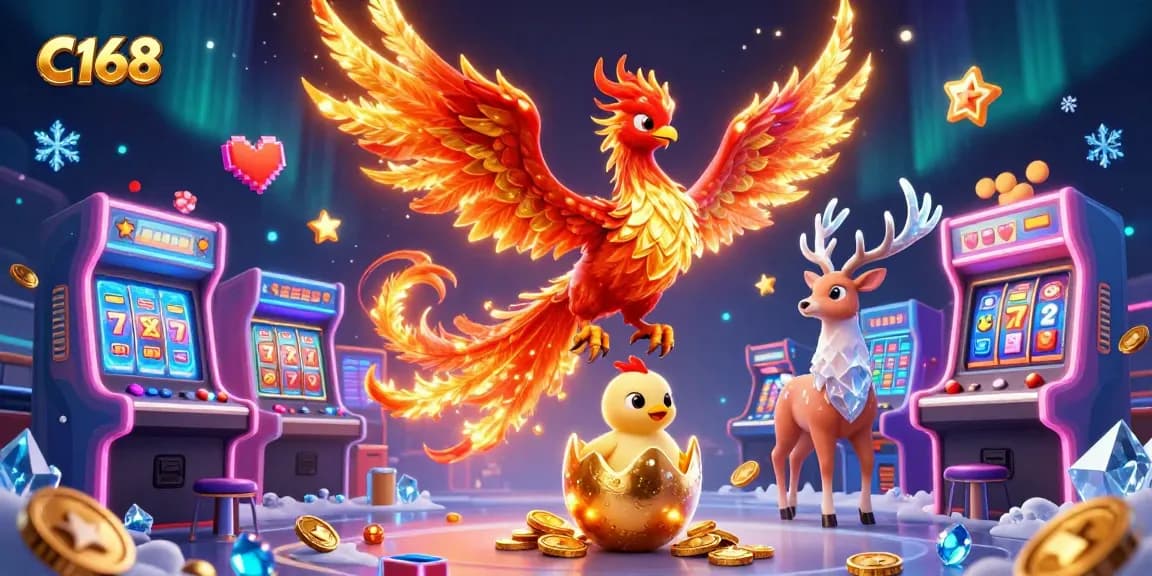 C168 showcases vibrant 3D phoenix and stag with slots, jackpot elements, and gaming excitement.