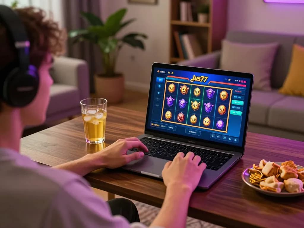 Engaging in vibrant online gaming on Jus77 featuring colorful slots in a cozy home setting.