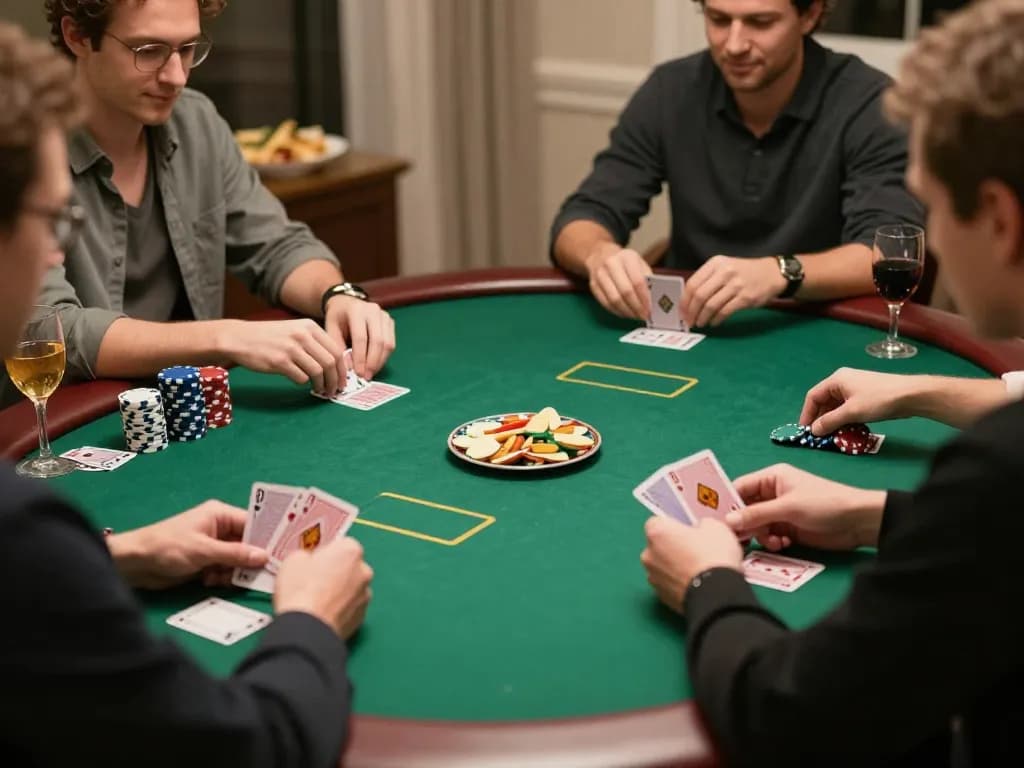 Players strategizing over poker cards at tg88 home game night, showcasing thrilling moments and social interaction