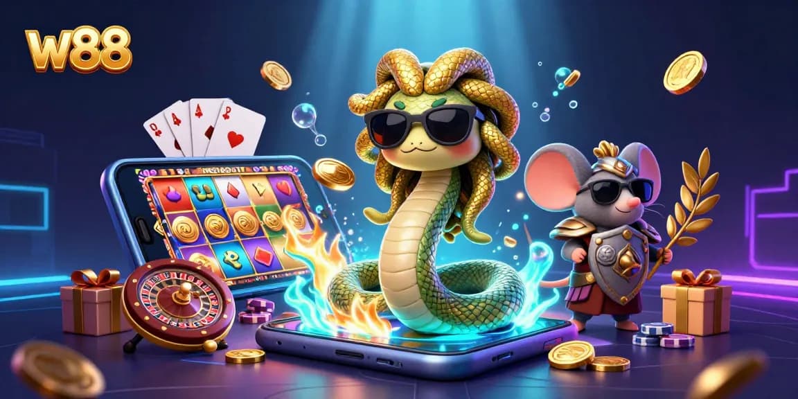 Spin the reels and win at w88 with cute Medusa and warrior mouse in a vibrant casino scene.