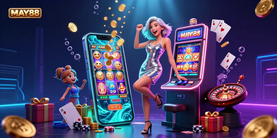 MAY88 showcases a glamorous Asian woman celebrating a jackpot at a vivid casino scene, highlighting the excitement of winning.