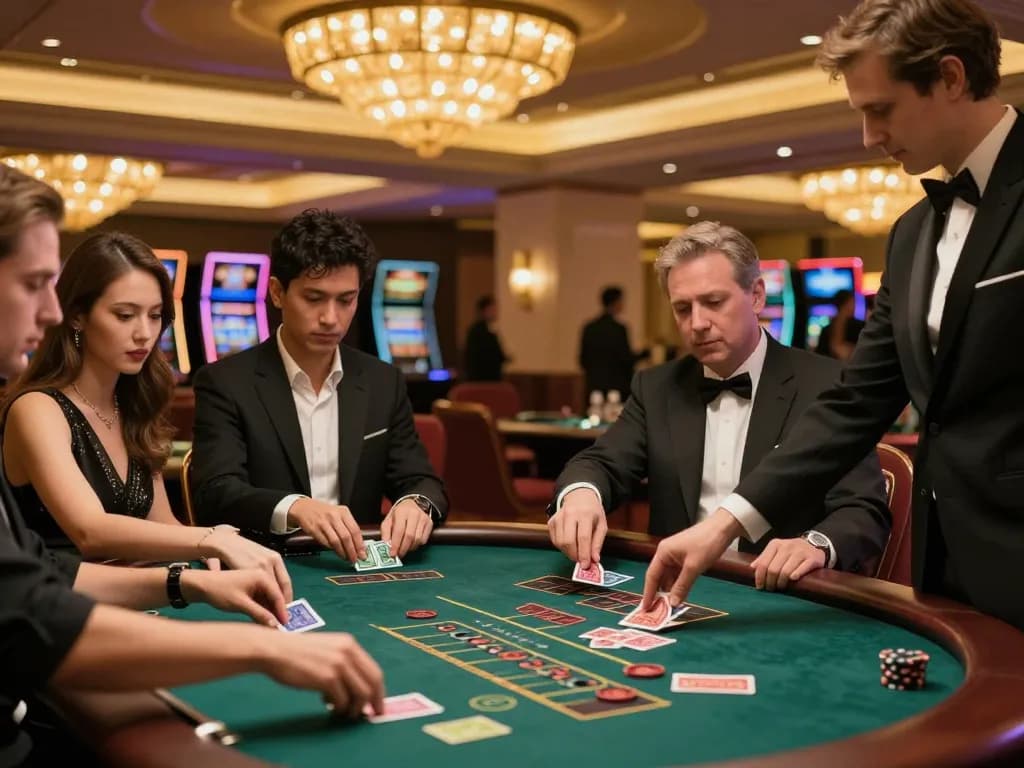 Players strategizing at a blackjack table in the luxurious casino atmosphere of 100VIP.