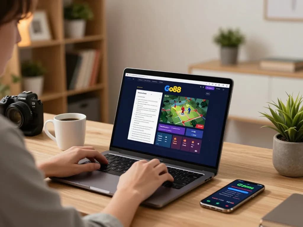 Engaging in online gaming with Go88, showcasing a cozy home office setup.