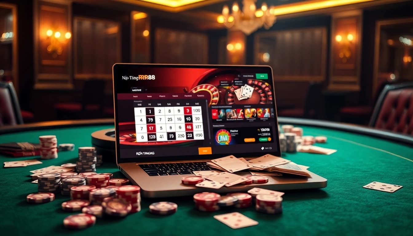 Nền Tảng RR88 showcasing an exciting online casino scene with poker chips and a roulette wheel.