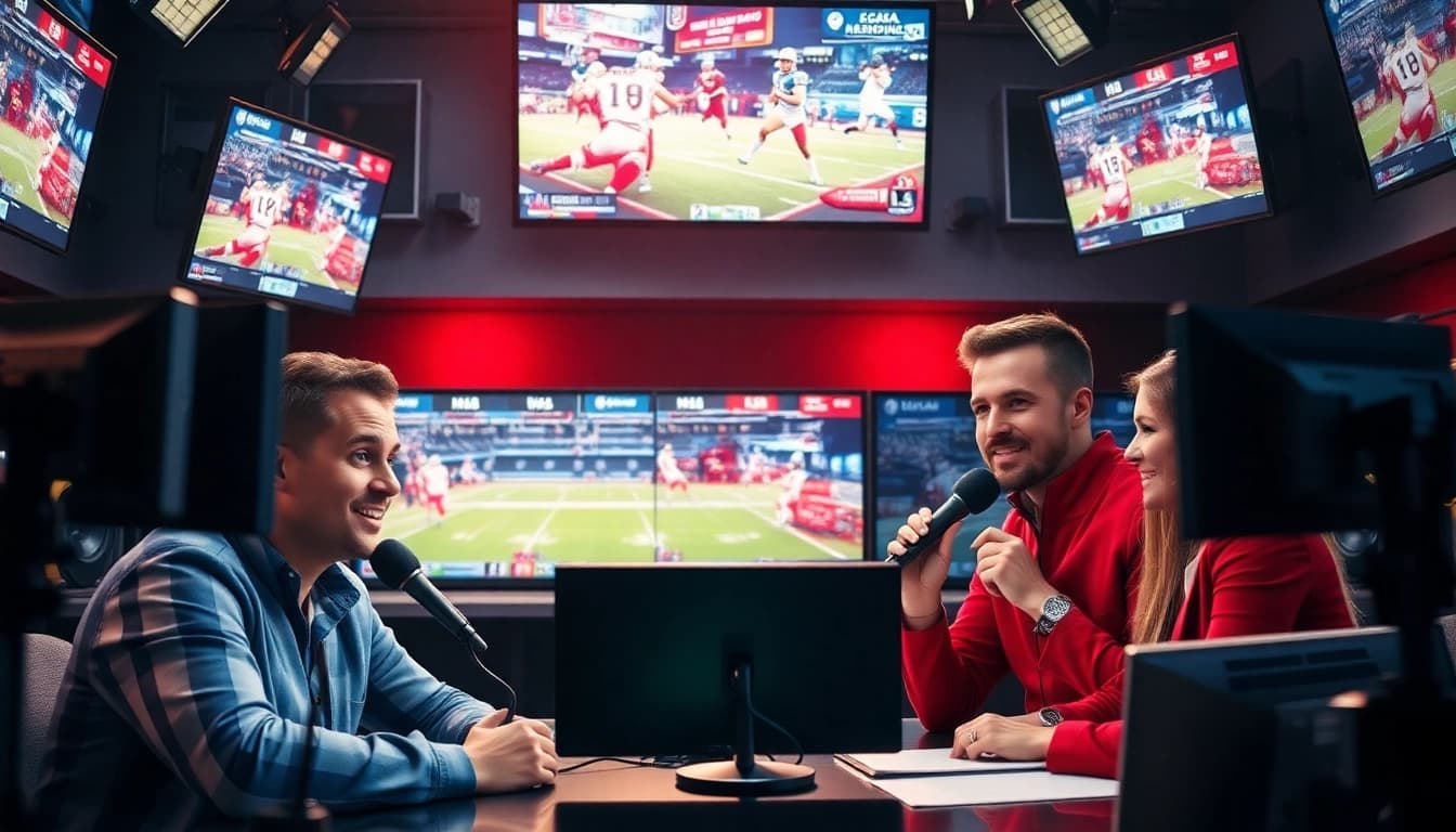 Engaged hosts in a dynamic sports broadcasting studio highlighting live event coverage.