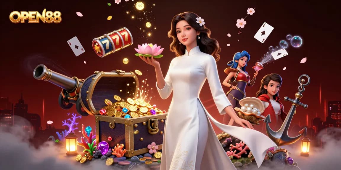Experience thrilling gaming action with OPEN88 featuring an elegant Asian woman and dynamic casino elements.