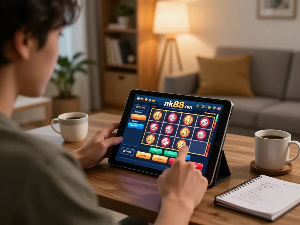 Player engaging with nk88 com on tablet, emphasizing responsible gaming in cozy home setting.