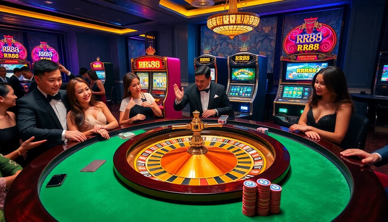 Experience the thrill of RR88 at an elegant casino with roulette and excited players.