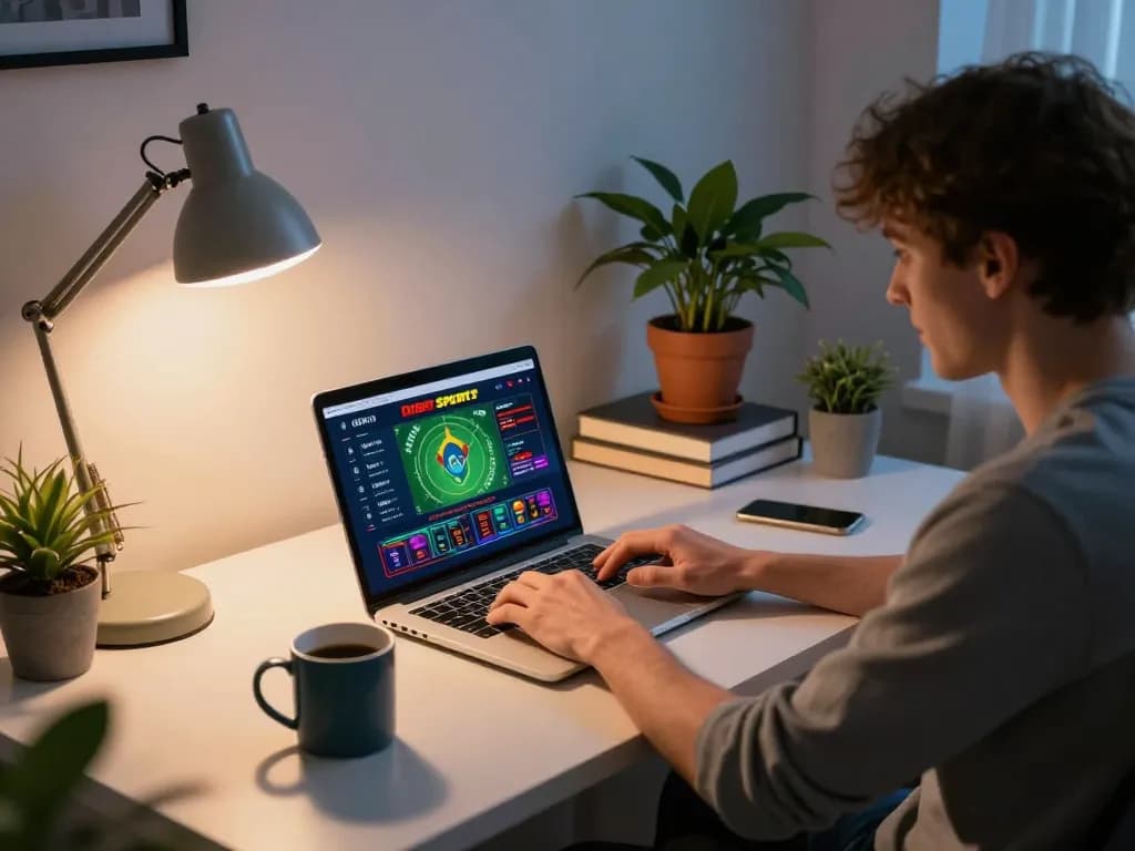 Person using debet sports betting app on laptop during a cozy home gaming session.