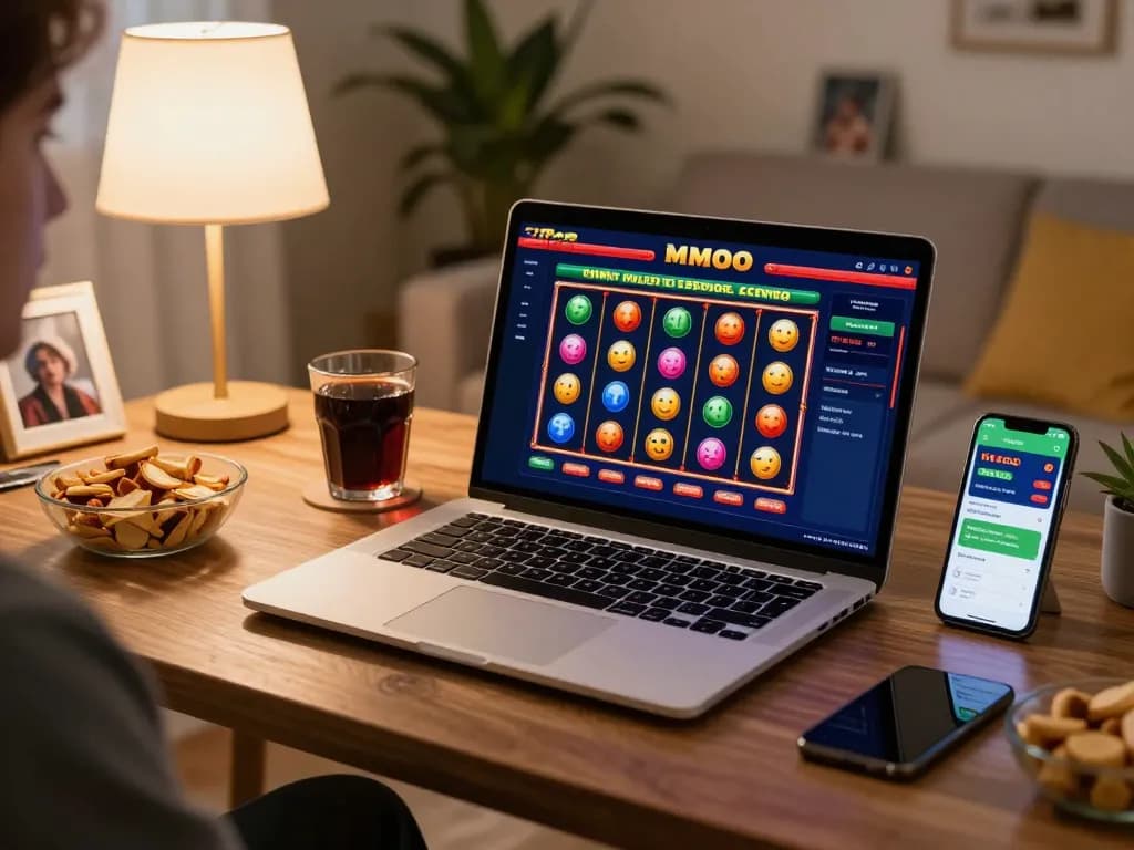 Experience fun online slots winning with MMOO in a cozy home gaming setup