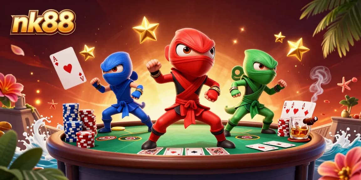 Win at nk88 with vibrant 3D ninjas showcasing poker skills amidst colorful casino elements.