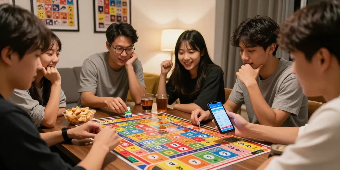 Friends excitedly playing 4D lottery at a cozy game night.