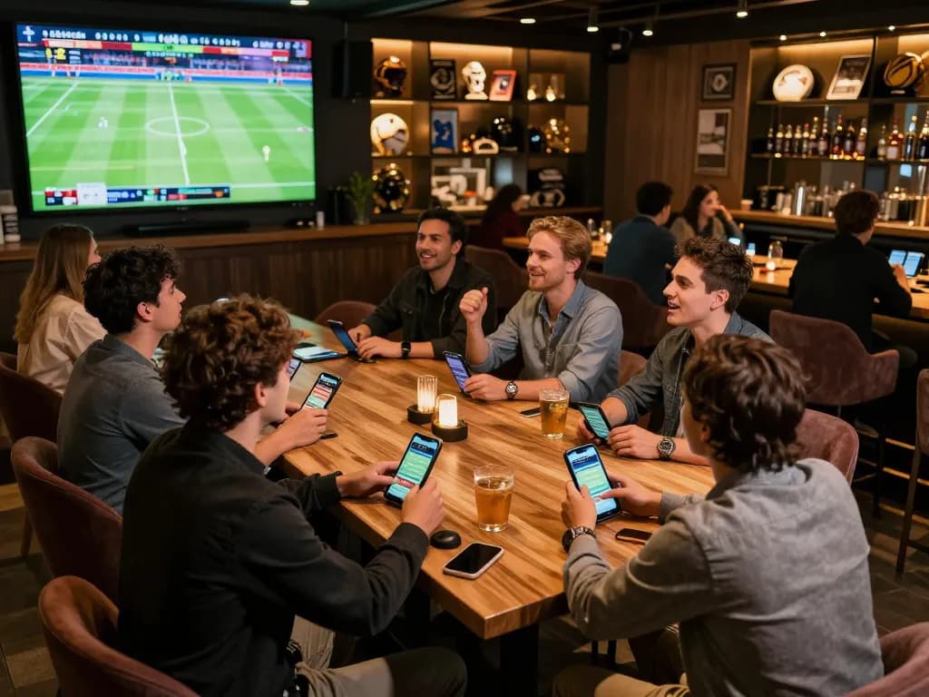 Friends engaging in sports betting using the 8xbet app in a vibrant lounge atmosphere.