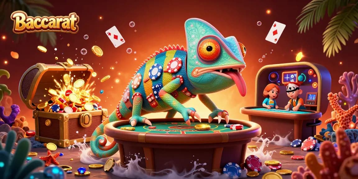 Baccarat action with a colorful chameleon casino owner amid a vibrant treasure scene filled with gold coins and playing cards.